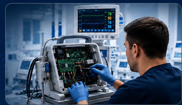 Medical equipment technician servicing clinical equipment